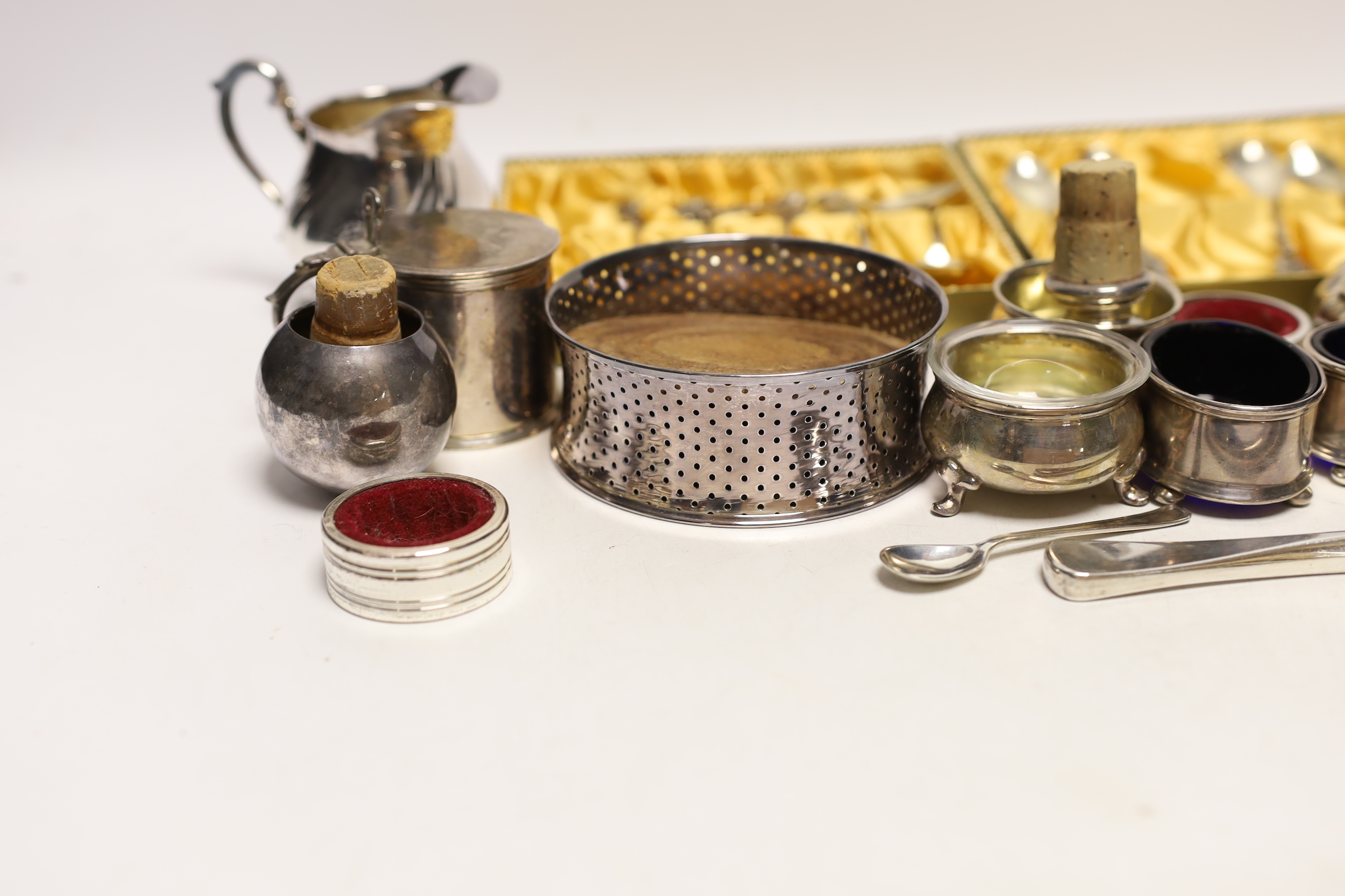 Three silver mustard pots and three silver salts and a group of assorted mainly plated items.